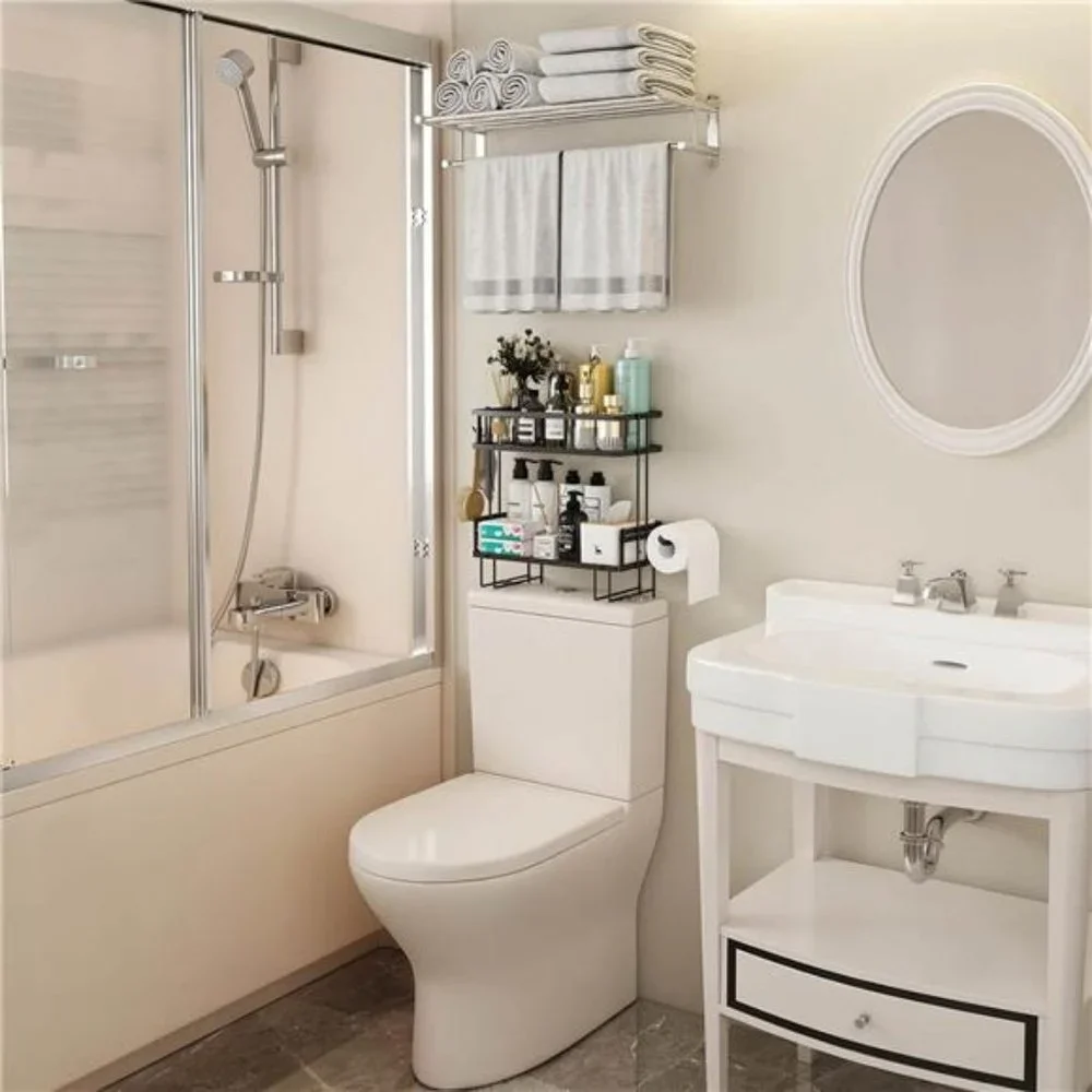 2-Tier Bathroom Organizer Shelves, Multifunctional Toilet Rack  (Black)